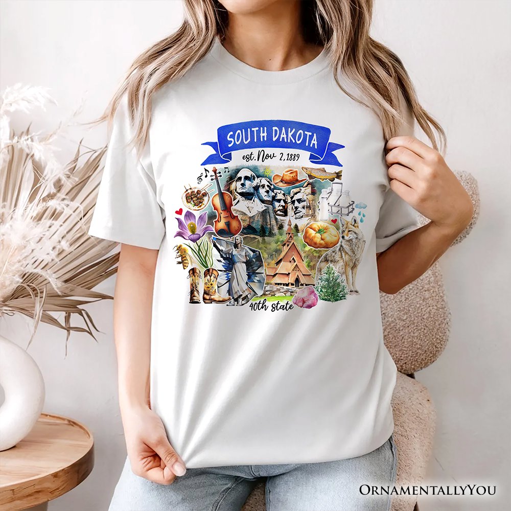 Artistic South Dakota State Themes and Landmarks T-Shirt, Tee for History and Travel Lovers