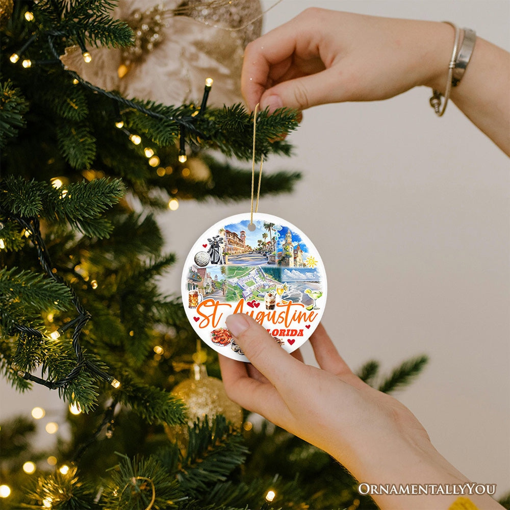 Artistic St. Augustine Ceramic Ornament, Florida Coastal City Historical Christmas Decoration