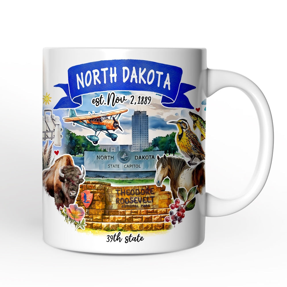 Artistic North Dakota State Themes and Landmarks Personalized Mug With Custom Name