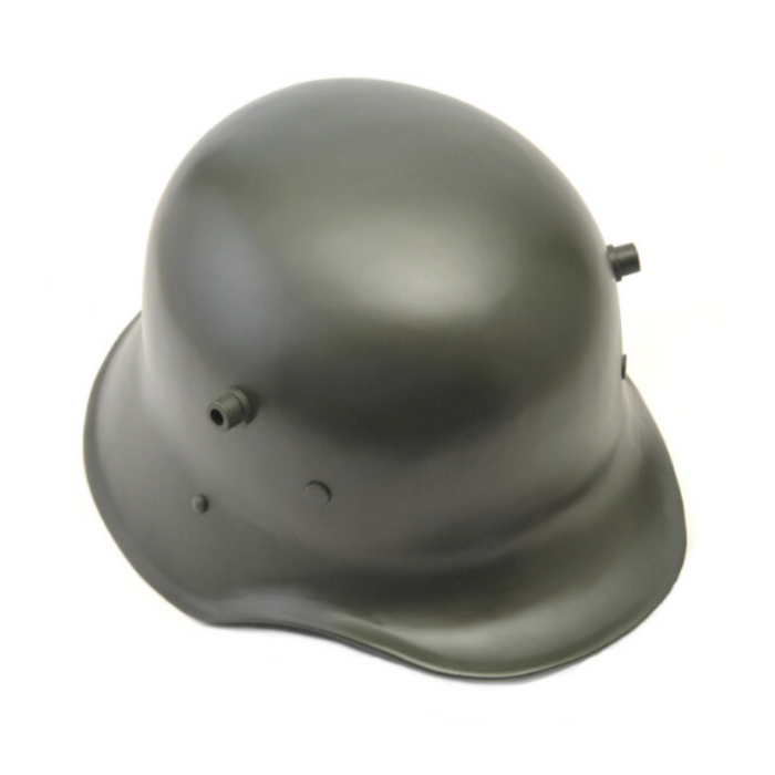 A replica dark green Austro-Hungarian helmet with smooth, rounded edges and two small protrusions on the sides.