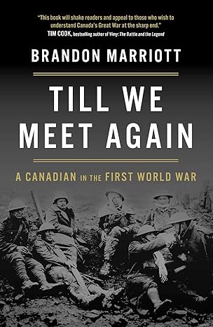 The dark cover for Till We Meet Again is mostly black as it fades into a black and white image of a small group of soldiers. The lounge against the muddy ground and some of them are wearing bandages. All of them wear their doughboy helmets.