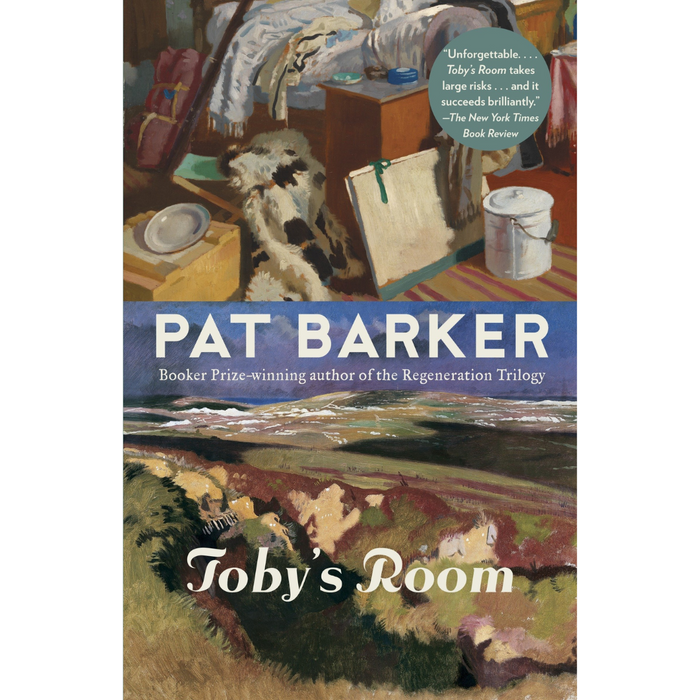 Cover of Toby's Room by Pat Barker. The top half reveals an artist's studio the bottom half features a serene landscape with fields and hills.