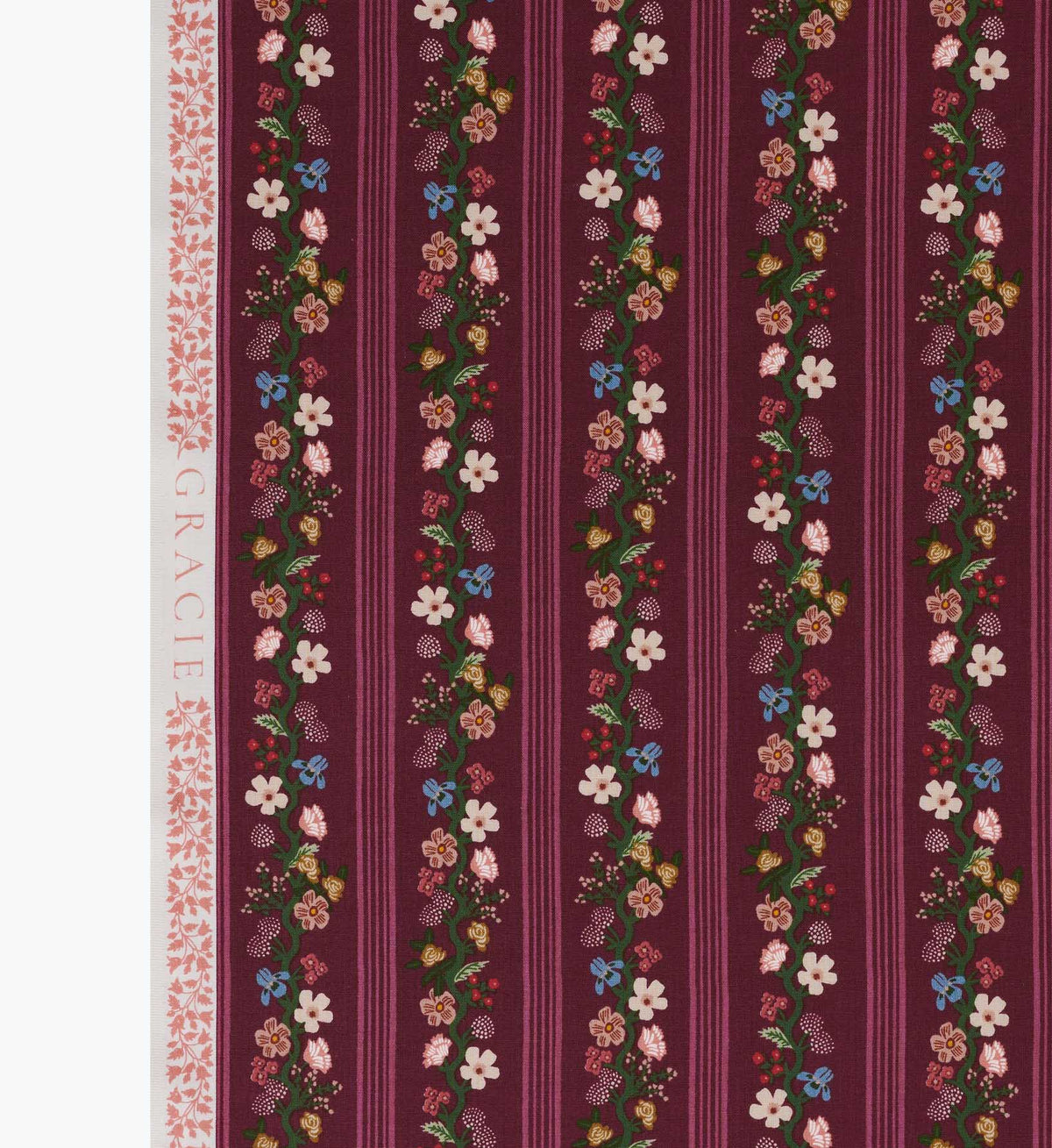 Floral Trellis Stripe Cotton Fabric - Burgundy