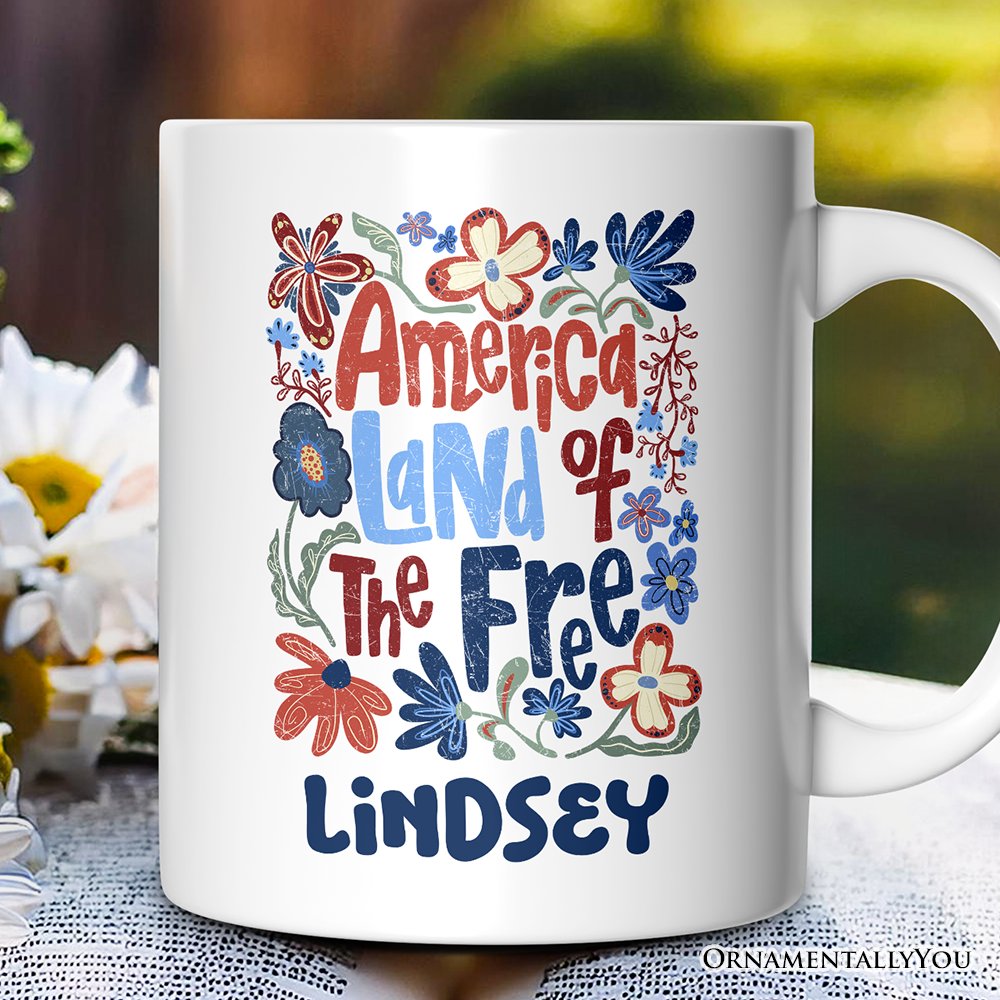 America Land of the Free Personalized Mug, Retro Floral Independence Day Gift with Custom Name