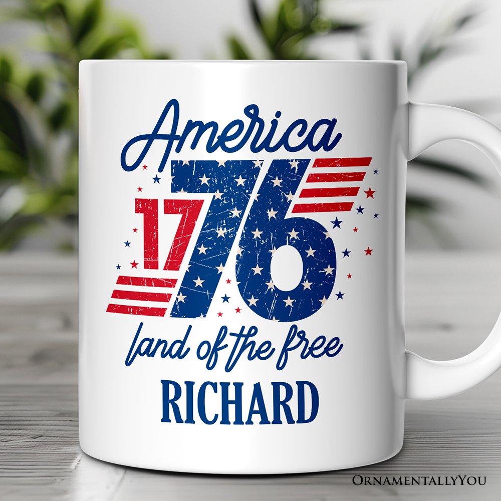 America 1776 Land of the Free Personalized Mug, Vintage 4th of July Gift with Custom Name