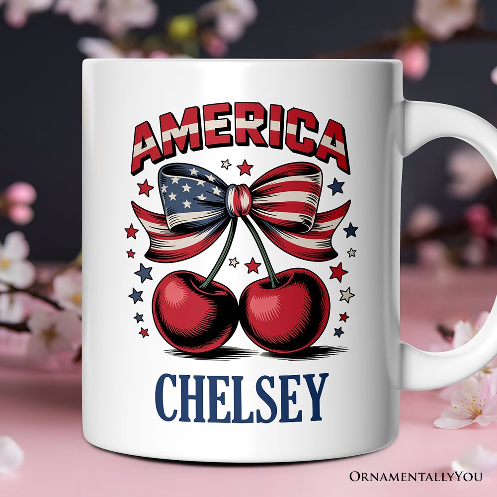 America Coquette Cherries Personalized Mug,  Patriotic 4th of July Gift with Custom Name