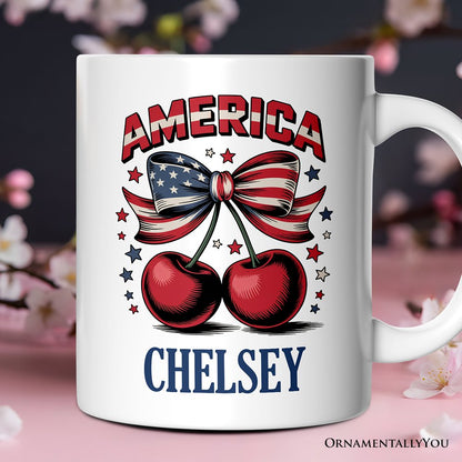 America Coquette Cherries Personalized Mug,  Patriotic 4th of July Gift with Custom Name