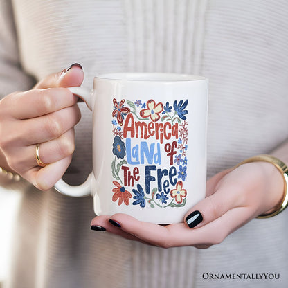 America Land of the Free Personalized Mug, Retro Floral Independence Day Gift with Custom Name