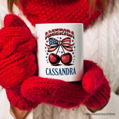 America Coquette Cherries Personalized Mug,  Patriotic 4th of July Gift with Custom Name