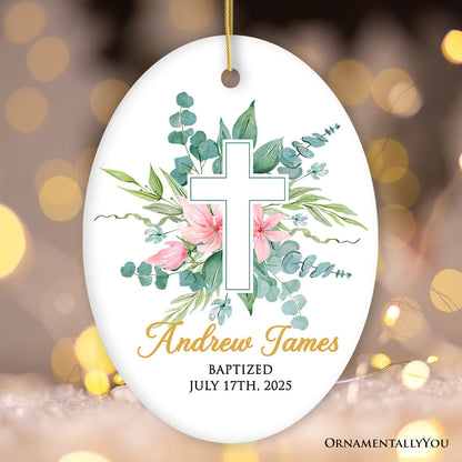 Baby Baptism Christening Custom Cross Ornament, Personalized Baptized Child with Flower Keepsake