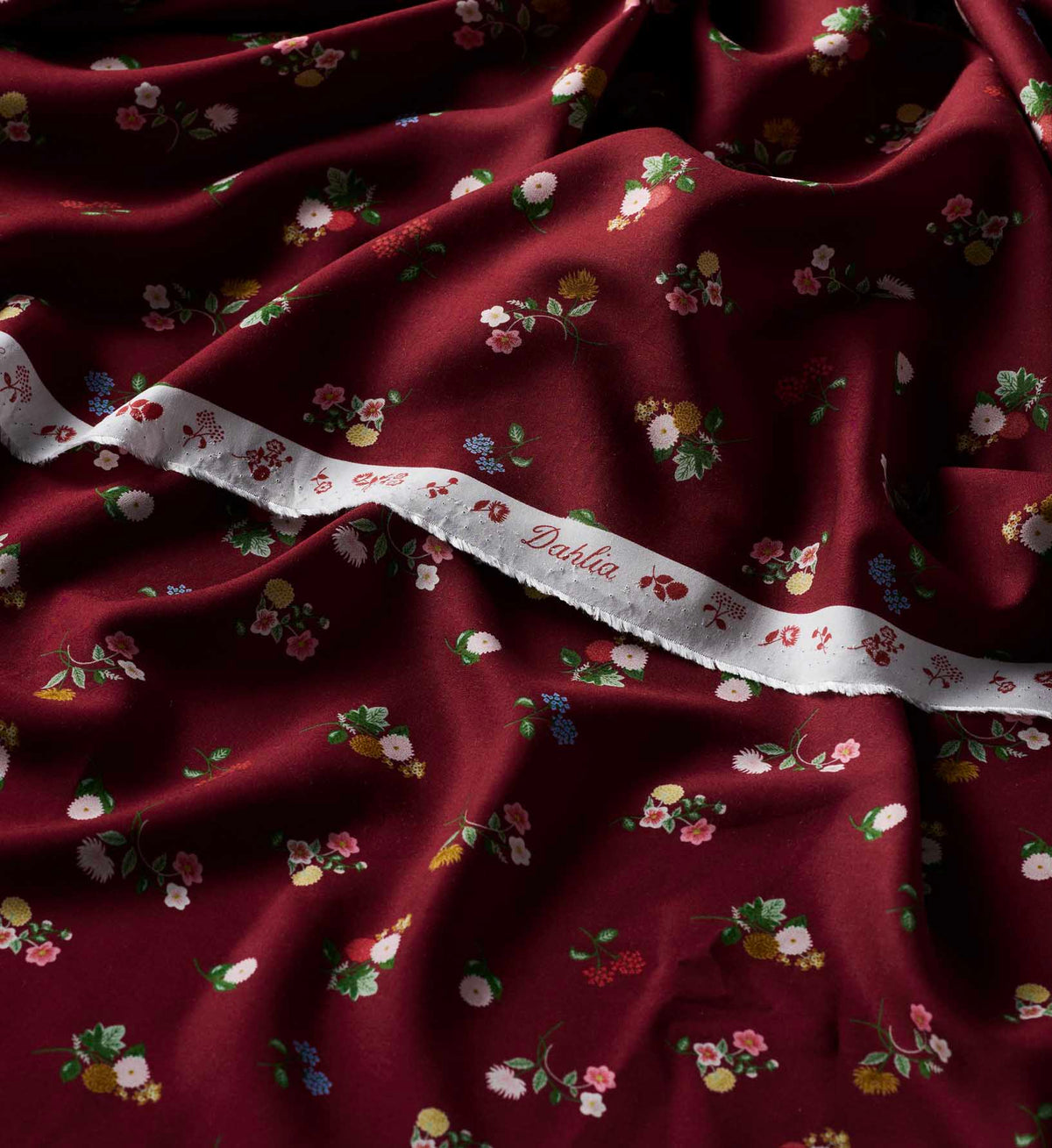 Ditsy Dahlia Rayon Fabric - Burgundy