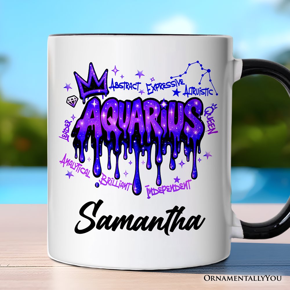 Aquarius Graffiti Zodiac Personalized Mug, Street Style Astrology Horoscope Gift with Custom Name