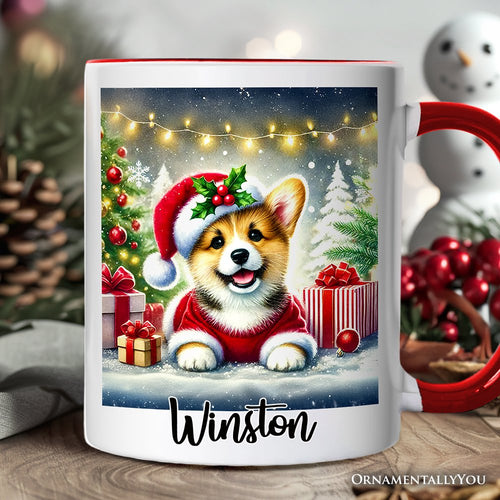 Adorable Welsh Corgi with Santa Hat Personalized Mug, Jolly Christmas Gift with Custom Name
