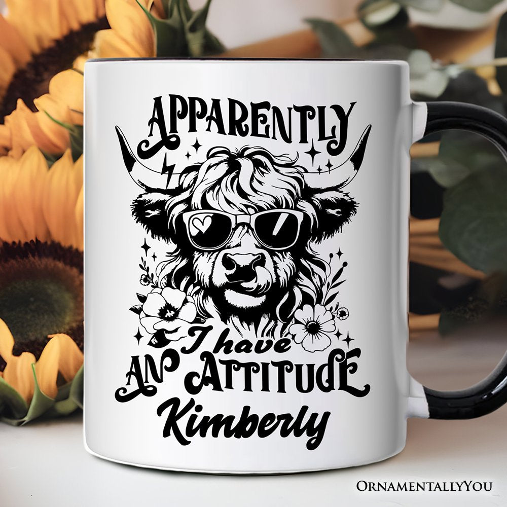 Apparently I Have an Attitude Highland Cow Valentine Personalized Mug, Sarcastic Western Funny Gift with Custom Name