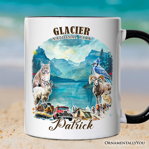 Artistic Glacier National Park Adventure Personalized Mug, Montana Travel Gift and Souvenir with Custom Name