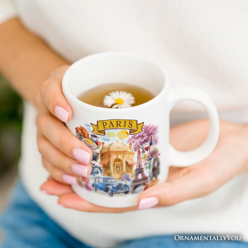 Artistic Paris Culture and Landmarks Personalized Mug, Classical France Gift and Souvenir with Custom Name