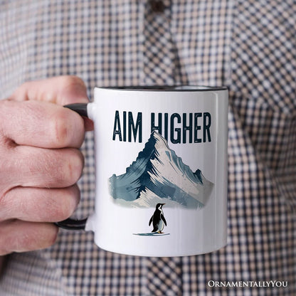 Aim Higher Penguin Personalized Mug, Vintage Mountain Motivational Quote Gift with Custom Name