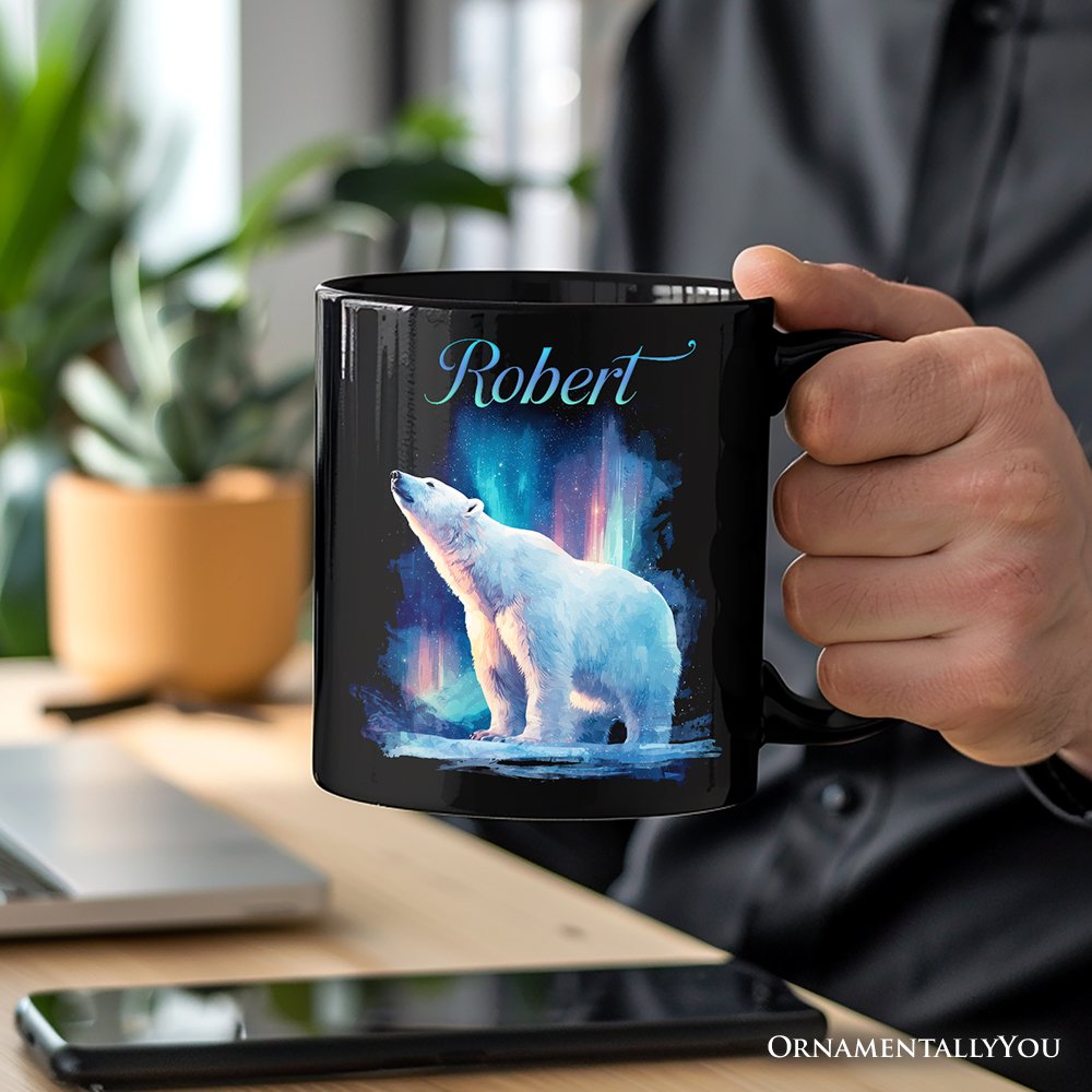 Arctic Aurora Polar Bear Personalized Mug, Northern Lights Wildlife Gift with Custom Name