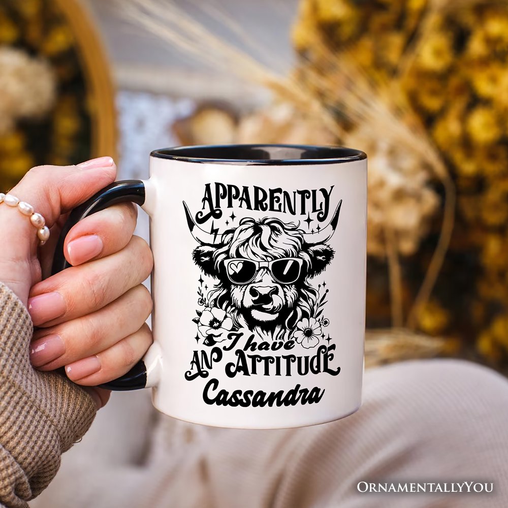 Apparently I Have an Attitude Highland Cow Valentine Personalized Mug, Sarcastic Western Funny Gift with Custom Name