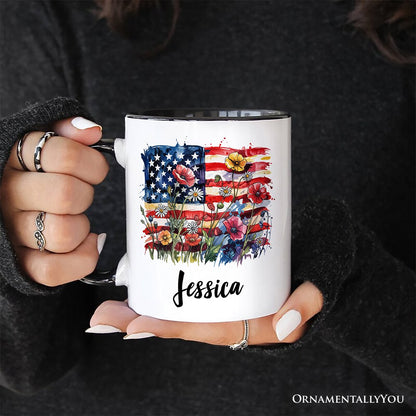 American Flag Floral Wildflower Personalized Mug, Patriotic Boho USA 4th of July Gift with Custom Name