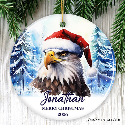 American Bald Eagle with Santa Hat Personalized Ornament, Winter Forest Christmas Gift With Custom Name and Date
