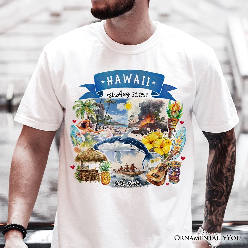 Artistic Hawaii State Themes and Landmarks T-Shirt, Tee for History and Travel Lovers