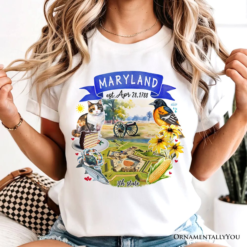 Artistic Maryland State Themes and Landmarks T-Shirt, Tee for History and Travel Lovers
