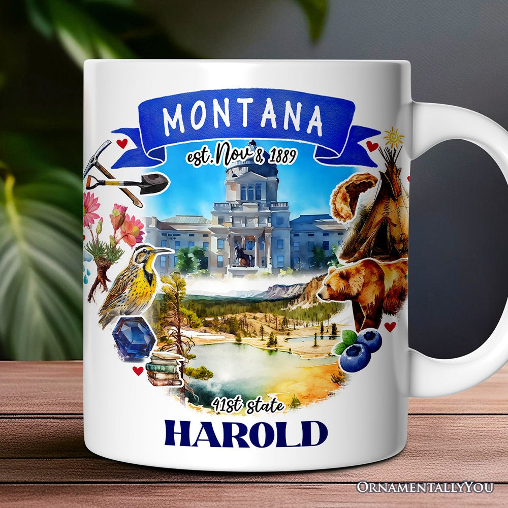 Artistic Montana State Themes and Landmarks Personalized Mug With Custom Name
