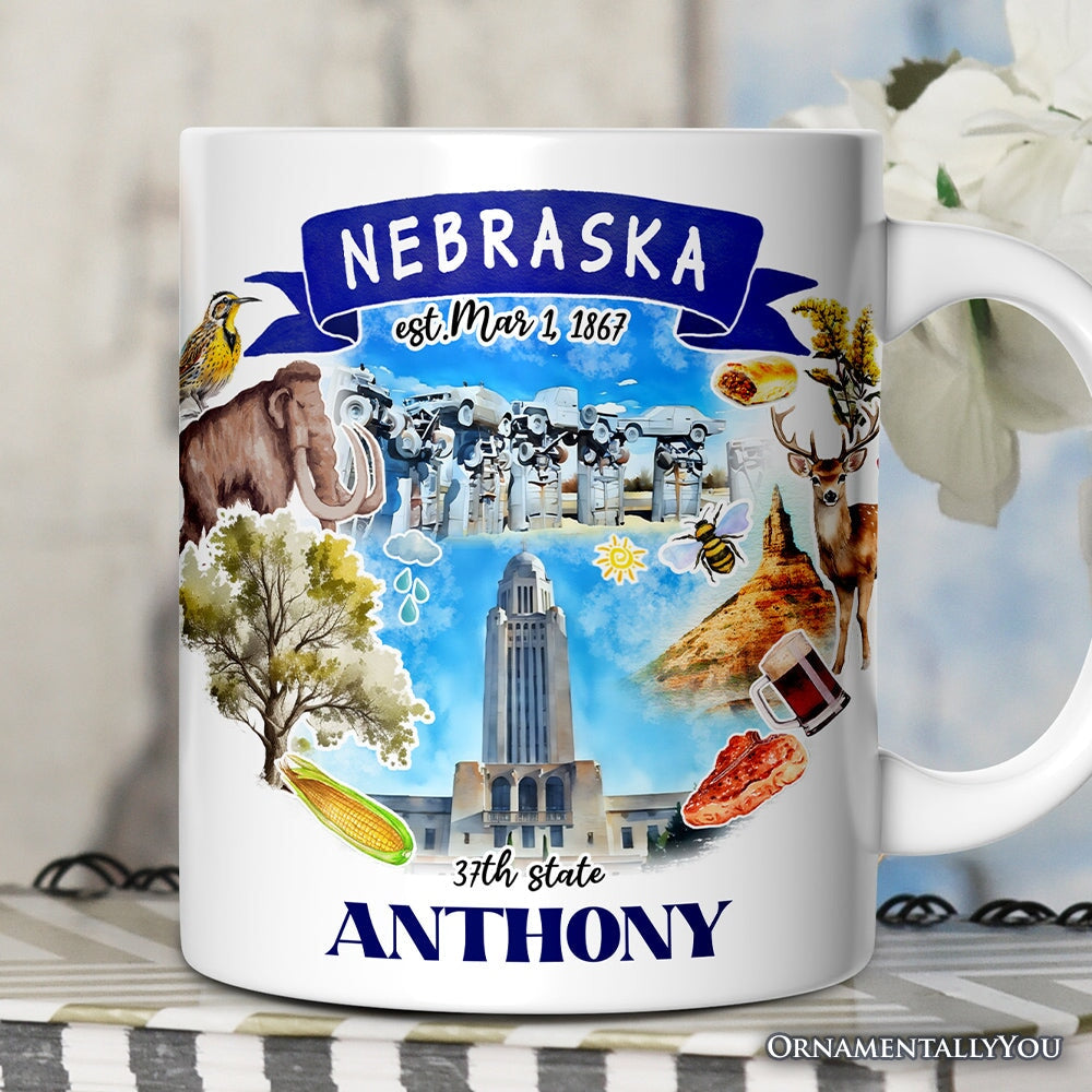 Artistic Nebraska State Themes and Landmarks Personalized Mug With Custom Name