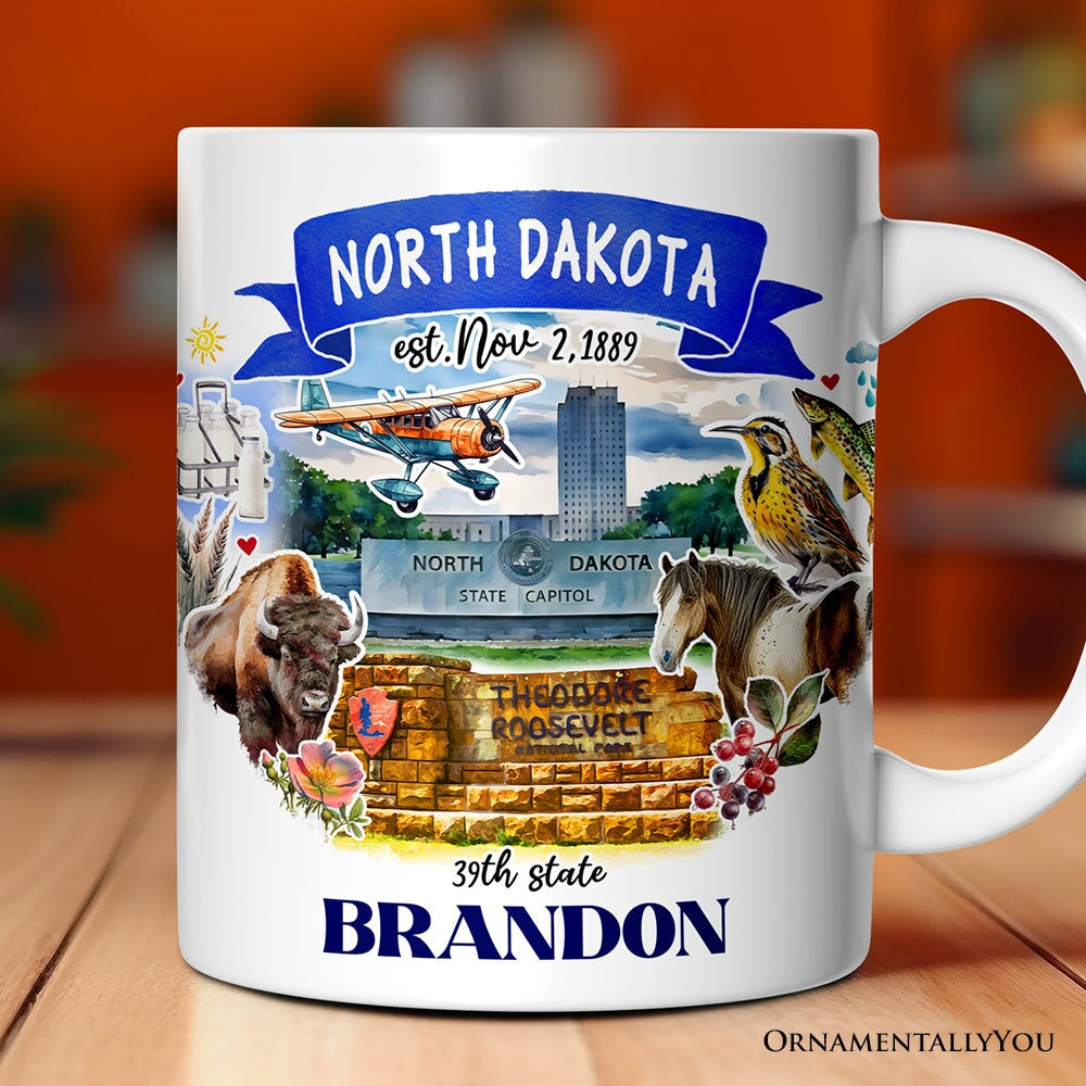 Artistic North Dakota State Themes and Landmarks Personalized Mug With Custom Name