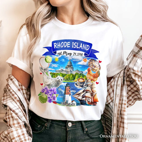 Artistic Rhode Island State Themes and Landmarks T-Shirt, Tee for History and Travel Lovers