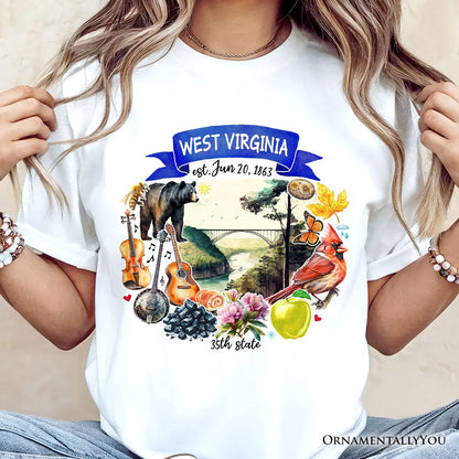 Artistic West Virginia State Themes and Landmarks T-Shirt, Tee for History and Travel Lovers