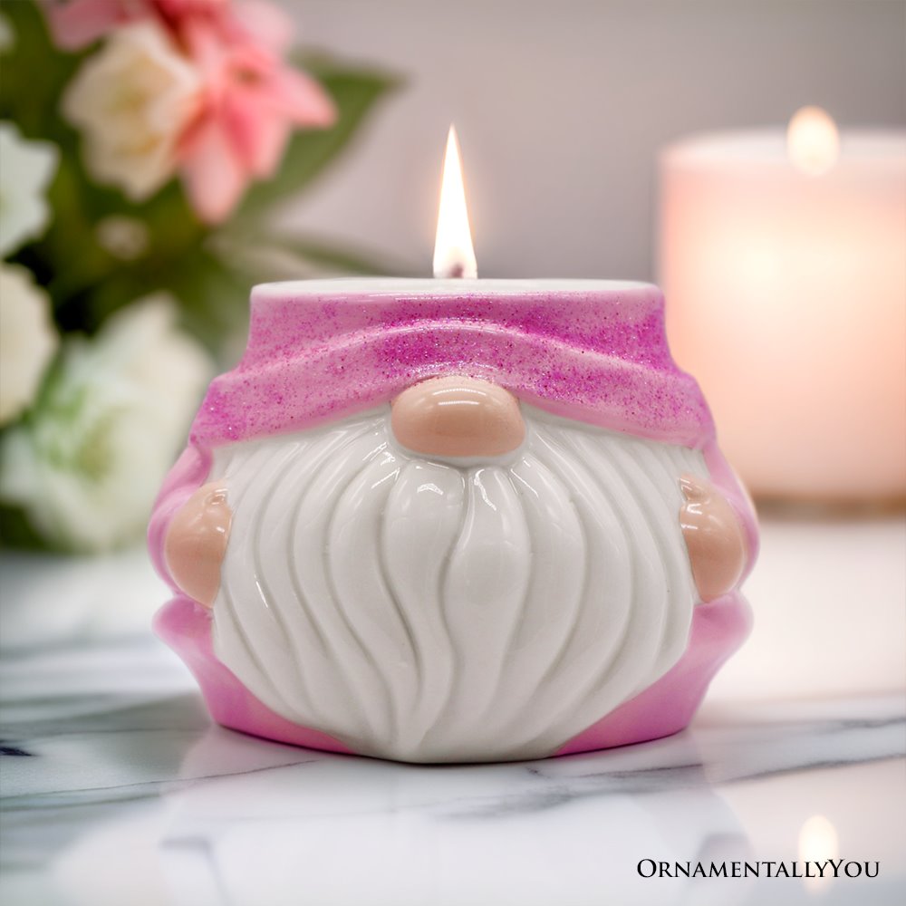 Adorable Pink Gnome Ceramic Candle, Holiday Home Decoration Scented with a Classic White Vanilla Fragrance