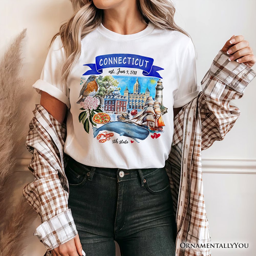 Artistic Connecticut State Themes and Landmarks T-Shirt, Tee for History and Travel Lovers