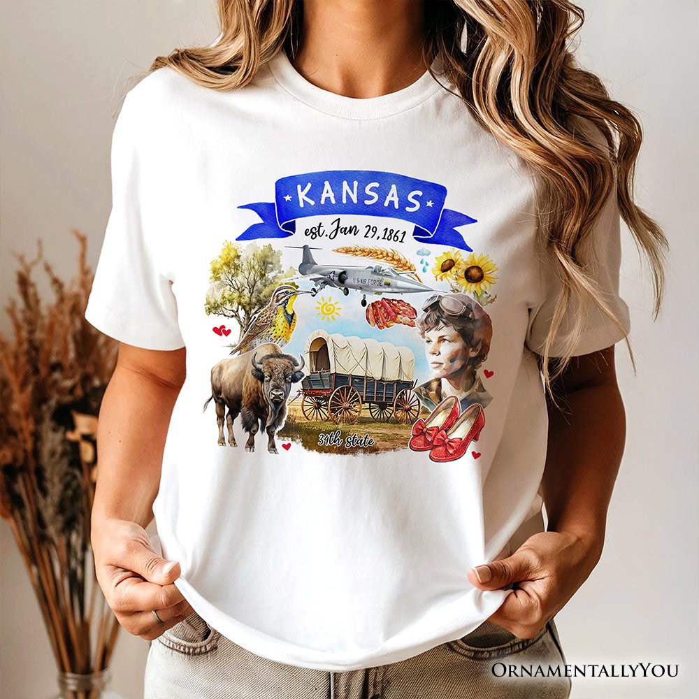 Artistic Kansas State Themes and Landmarks T-Shirt, Tee for History and Travel Lovers