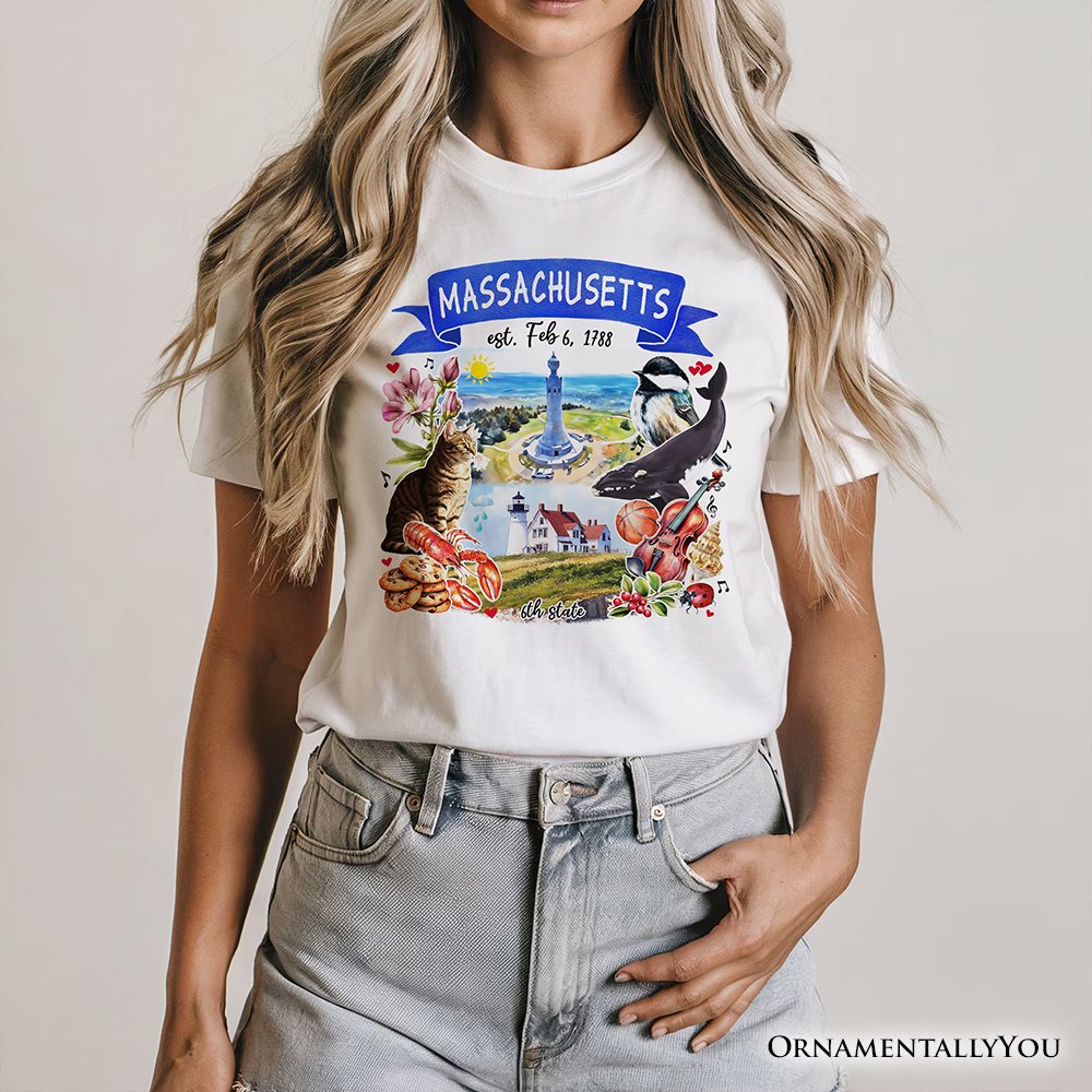 Artistic Massachusetts State Themes and Landmarks T-Shirt, Tee for History and Travel Lovers