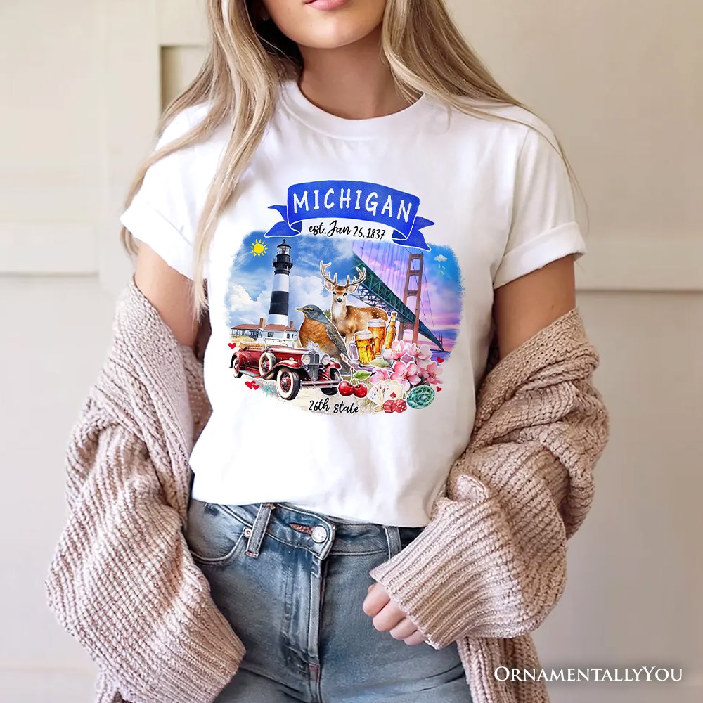 Artistic Michigan State Themes and Landmarks T-Shirt, Tee for History and Travel Lovers