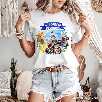 Artistic Wisconsin State Themes and Landmarks T-Shirt, Tee for History and Travel Lovers