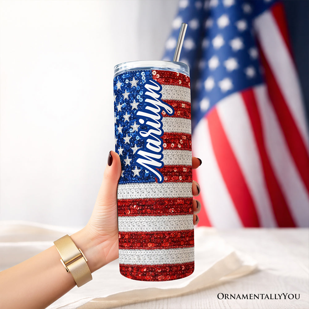 American Flag Sequin Print 20oz Personalized Tumbler With Lid and Stainless Steel Straw, Patriotic USA Stars and Stripes Gift Cup