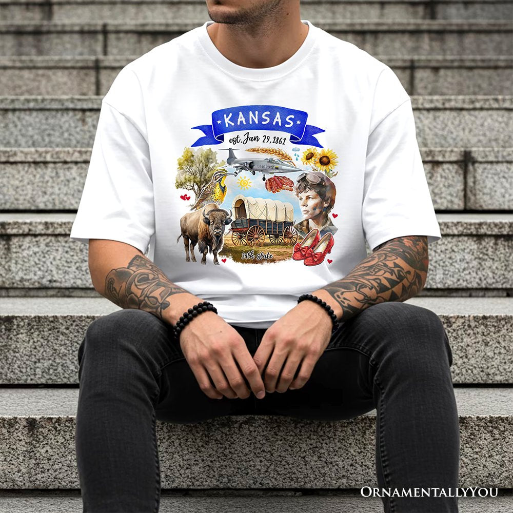 Artistic Kansas State Themes and Landmarks T-Shirt, Tee for History and Travel Lovers