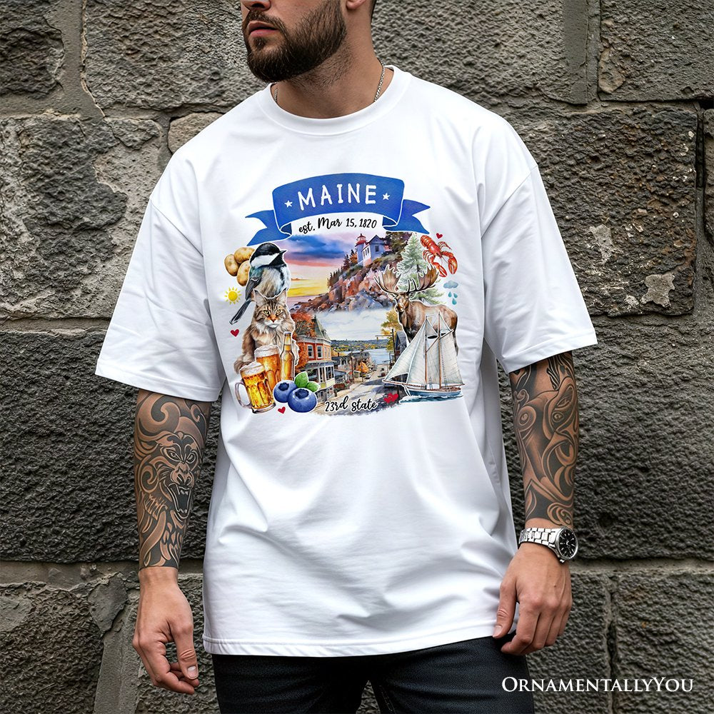 Artistic Maine State Themes and Landmarks T-Shirt, Tee for History and Travel Lovers