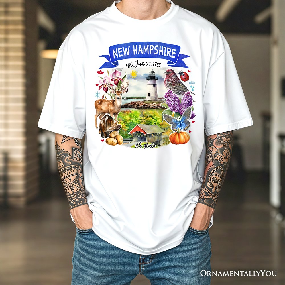 Artistic New Hampshire State Themes and Landmarks T-Shirt, Tee for History and Travel Lovers
