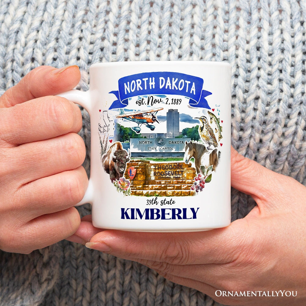 Artistic North Dakota State Themes and Landmarks Personalized Mug With Custom Name