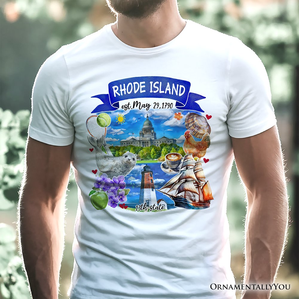Artistic Rhode Island State Themes and Landmarks T-Shirt, Tee for History and Travel Lovers