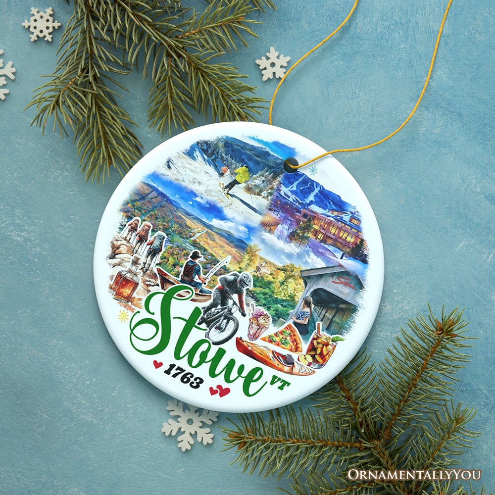 Artistic Stowe Vermont Ornament, Classic New England Mountain Town Christmas Gift and Souvenir