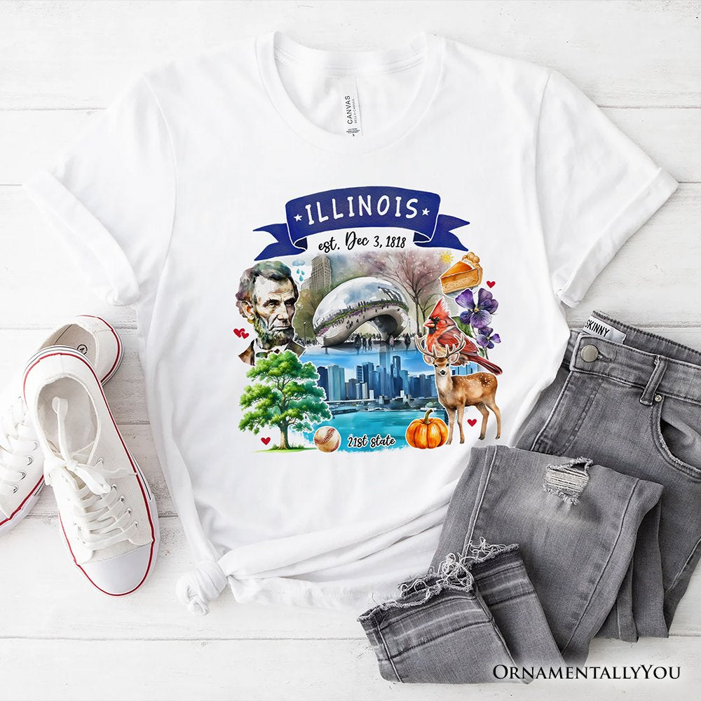 Artistic Illinois State Themes and Landmarks T-Shirt, Tee for History and Travel Lovers