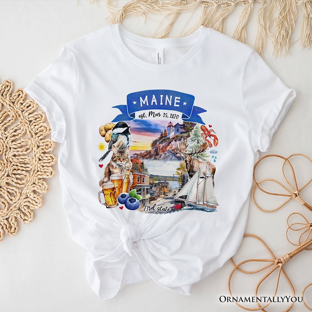 Artistic Maine State Themes and Landmarks T-Shirt, Tee for History and Travel Lovers
