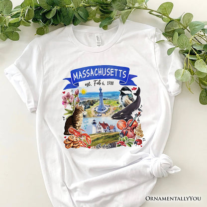 Artistic Massachusetts State Themes and Landmarks T-Shirt, Tee for History and Travel Lovers