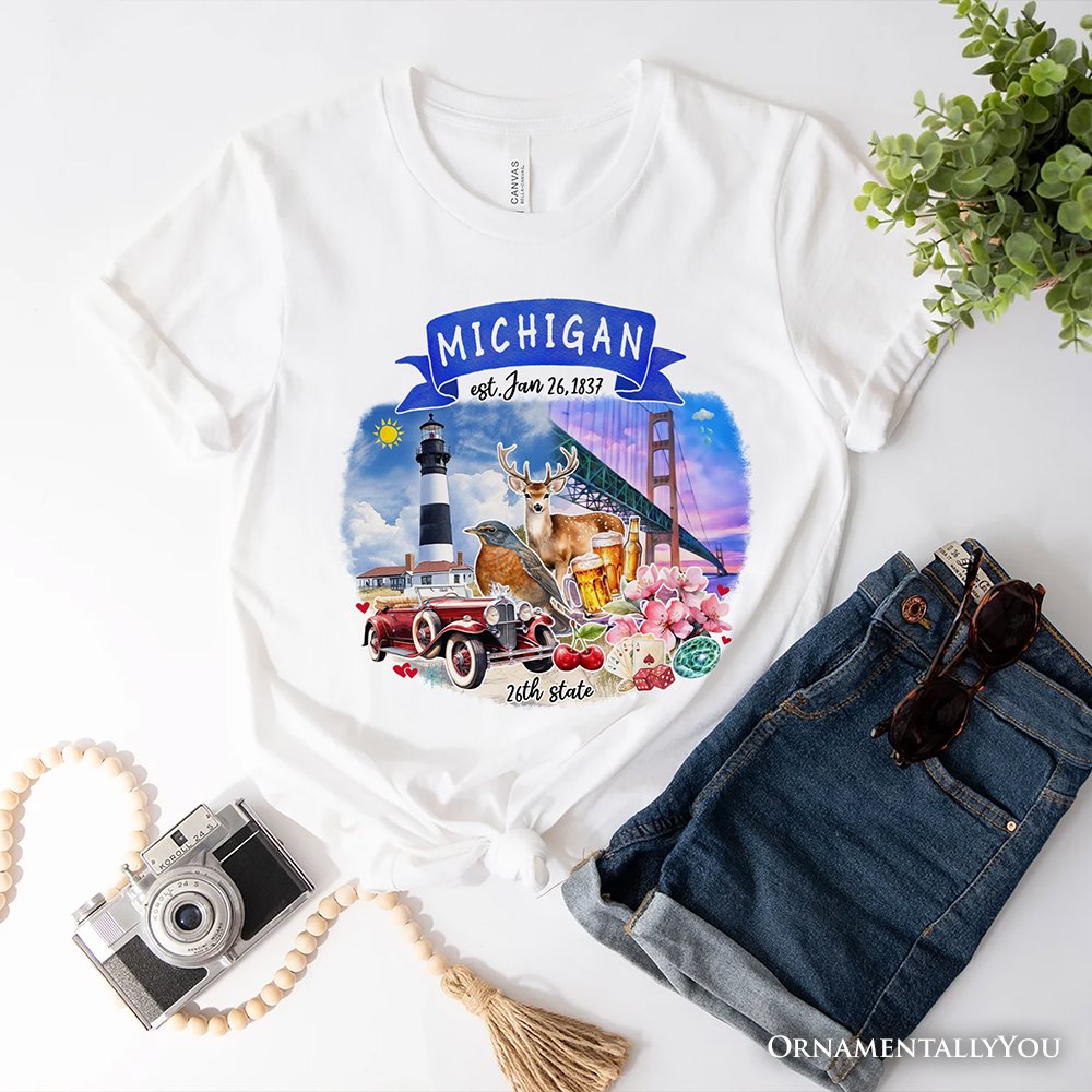 Artistic Michigan State Themes and Landmarks T-Shirt, Tee for History and Travel Lovers
