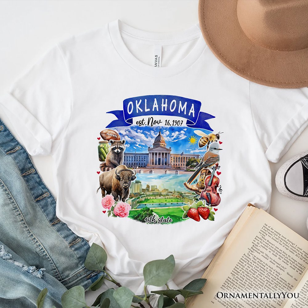 Artistic Oklahoma State Themes and Landmarks T-Shirt, Tee for History and Travel Lovers
